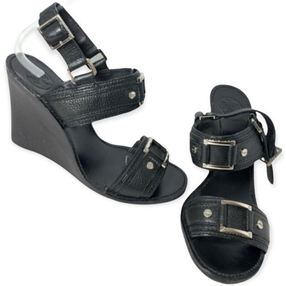 Tory Burch Women’s Size 9.5 Black Pebbled Leather Cary Wedge Heel Sandals